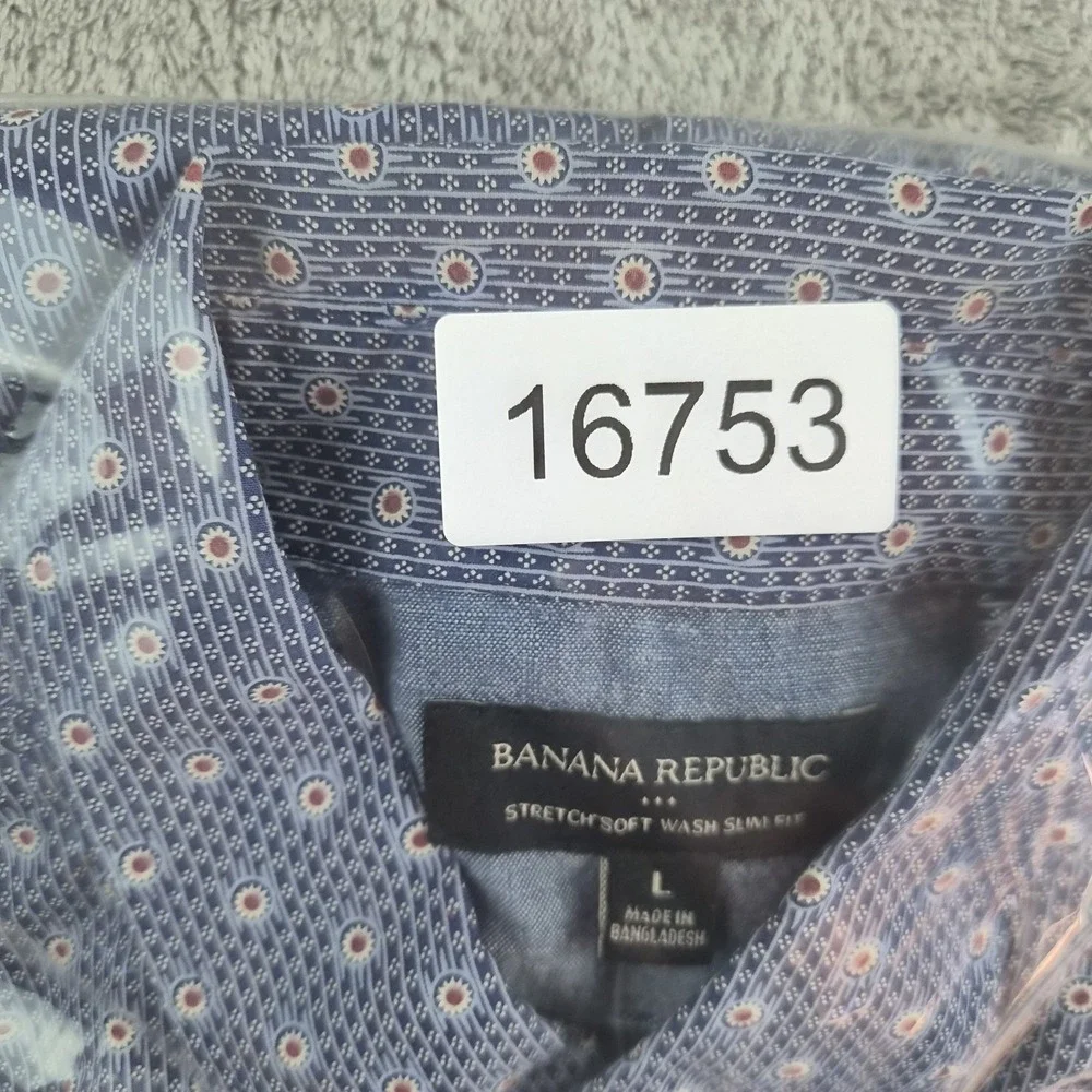 Banana Republic Shirt Mens Large Blue White Geometric Stretch Soft Wash Slim Fit